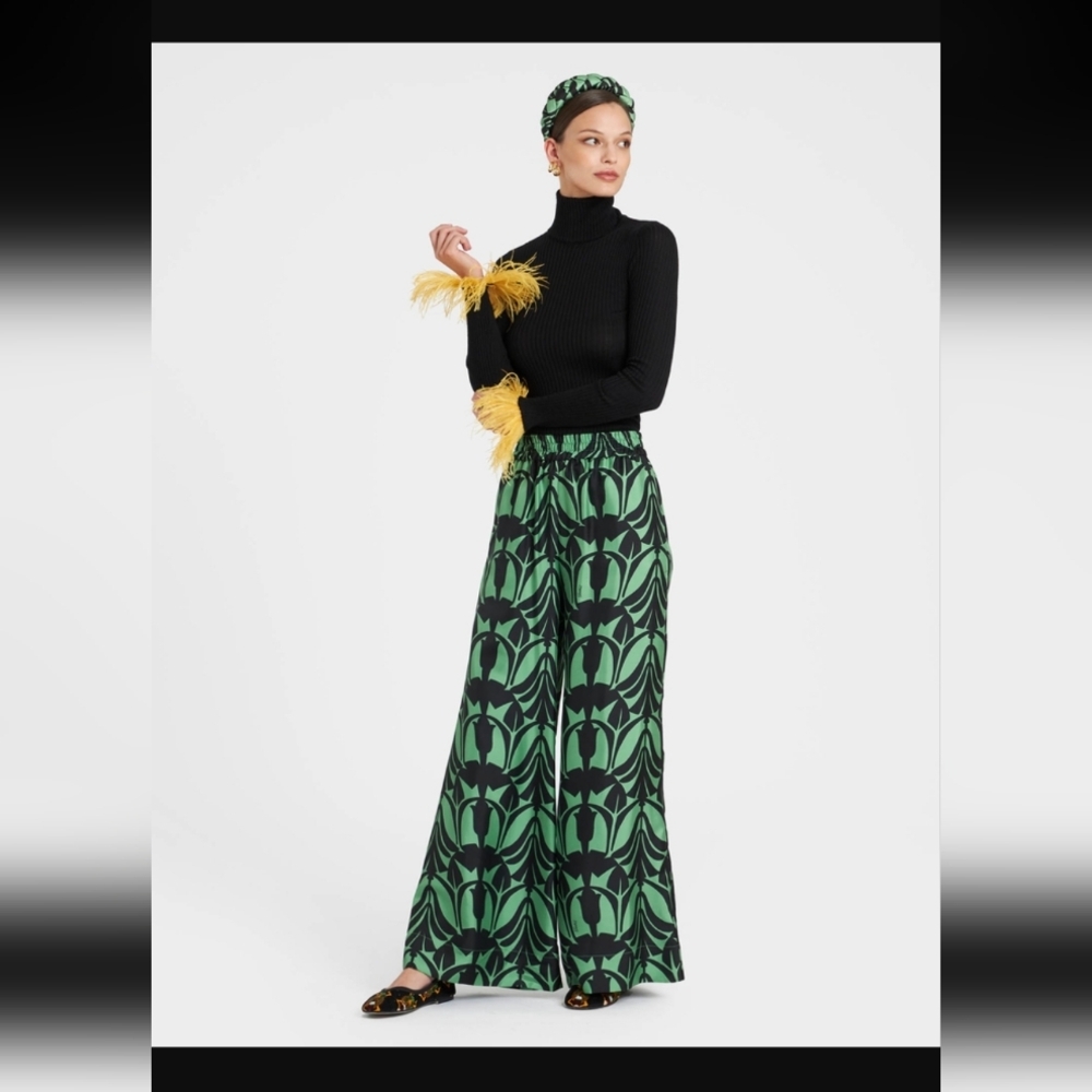 New La DoubleJ Papyrus Green in Silk Twill Palazzo Pants And Pinup Headband - Picture 3 of 8